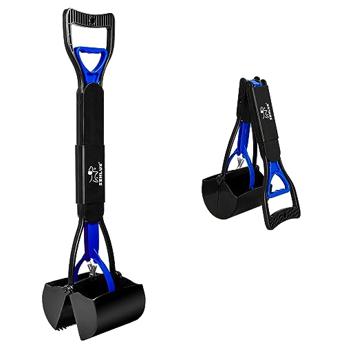 SZHLUX 28" Pooper Scooper, Foldable Dog Pooper Scooper with Unbreakable Material and Durable Spring for Grass and Gravel, Green - 28 inch / Blue