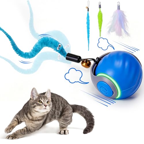 BABORUI Interactive Cat Toy Ball - Automatic Interactive Cat Toys for Indoor Cats with 3 Tails, 2 Speeds Rechargeable Cat Enrichment Toys for Small/Medium/Large Cats to Keep Them Busy(Blue) - Blue