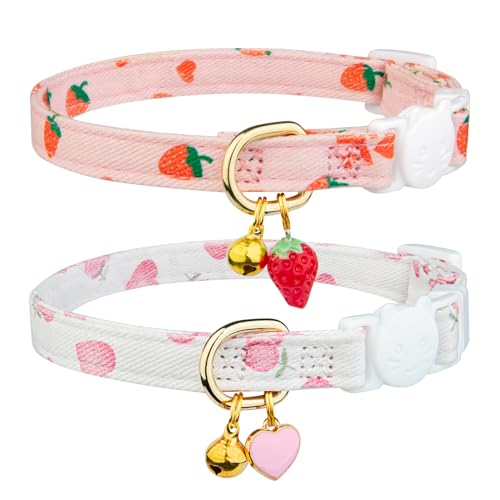 2 Pack Cotton Breakaway Cat Collar Green and Yellow Flowers Pendant Cute Kitten Cat Collar with Bell - Pink&White