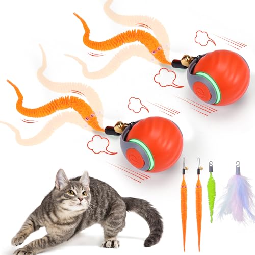 BABORUI Interactive Cat Toy Ball - Automatic Interactive Cat Toys for Indoor Cats with 3 Tails, 2 Speeds Rechargeable Cat Enrichment Toys for Small/Medium/Large Cats to Keep Them Busy(Blue) - 2 Pack Orange