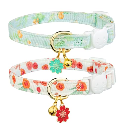 2 Pack Cotton Breakaway Cat Collar Green and Yellow Flowers Pendant Cute Kitten Cat Collar with Bell - Green&Red