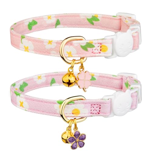 2 Pack Cotton Breakaway Cat Collar Green and Yellow Flowers Pendant Cute Kitten Cat Collar with Bell - Purple&Pink