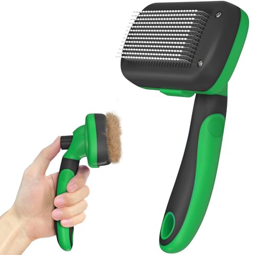 Dipoo Self Cleaning Shedding Brush - Skin Friendly Grooming Tool for Dogs, Cats, and Puppies, Deshedding and Hair Removal for Long and Short Haired Pets, Black - Green