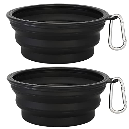 Kytely Large Collapsible Dog Bowls 2 Pack, 34oz Foldable Dog Travel Bowl, Portable Pet Water Food Bowl with Clasp, Pet Cat Feeding Cup Dish for Traveling, Walking, Hiking (Black+Blue) - Black & Black