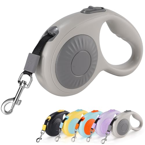 JSXD 360° Tangle-Free Retractable Dog Leash with One-Handed Brake, Pause, Lock, 10 ft Strong Nylon Tape Pet Walking Leash,Suitable for Cats, Small and Medium Dogs up to 66 lbs (Purple, 10 ft) - Grey / 10 ft