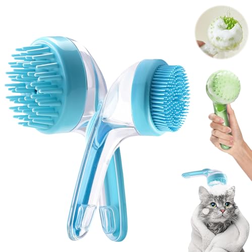 Pet Bath Brush with Shampoo Dispenser, Dog Bath Brush and Grooming Massage Brush for Dogs & Cats, Easy Dog Washing Brush for Short and Long Hair, Coarse and Fine Teeth 2pcs (Blue) - Blue