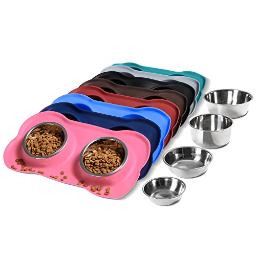 Hubulk Pet Dog Bowls 2 Stainless Steel Dog Bowl with No Spill Non-Skid Silicone Mat + Pet Food Scoop Water and Food Feeder Bowls for Feeding Small Medium Large Dogs Cats Puppies (S, Pink) - Small / Pink