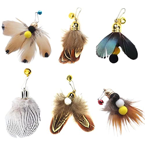 Cat Insect Feather Toys Replacement Cat Toy Wand Refills, 6 Pieces Natural Insect Cat Toy Feathers Refill, Interactive Cat Teaser Wand Attachments, with Bell - Style 1