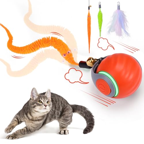 BABORUI Interactive Cat Toy Ball - Automatic Interactive Cat Toys for Indoor Cats with 3 Tails, 2 Speeds Rechargeable Cat Enrichment Toys for Small/Medium/Large Cats to Keep Them Busy(Blue) - Orange