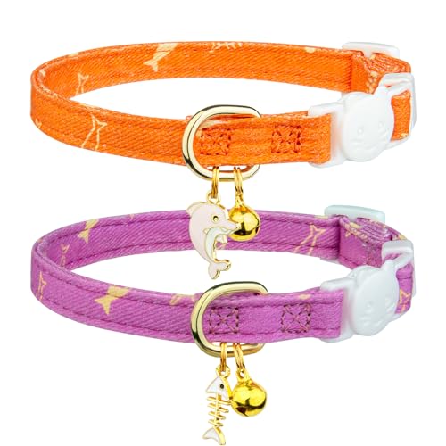 2 Pack Cotton Breakaway Cat Collar Green and Yellow Flowers Pendant Cute Kitten Cat Collar with Bell - Orange&Purple