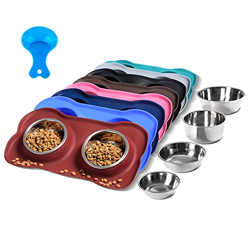 Hubulk Pet Dog Bowls 2 Stainless Steel Dog Bowl with No Spill Non-Skid Silicone Mat + Pet Food Scoop Water and Food Feeder Bowls for Feeding Small Medium Large Dogs Cats Puppies (S, Pink) - Small / Burgundy