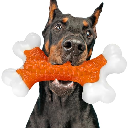 Kseroo Indestructible Dog Toys for Aggressive Chewers: Beef Flavored Hard Nylon Bone Chew Toys, Tough Dog Chew Toys for Large Dogs, Dog Toys to Keep Them Busy for Medium Large Breed (20-80 lbs), Red - 01PC-Peanut Butter-Orange
