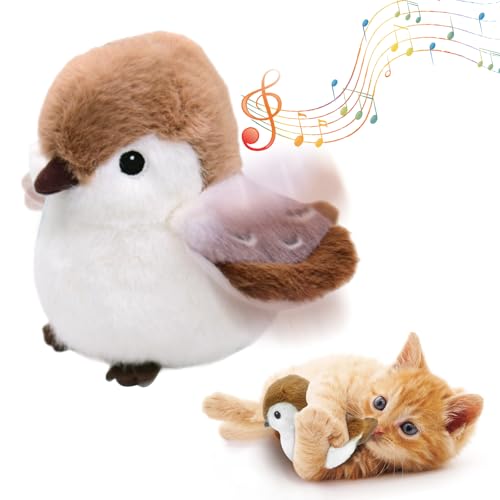 Cat Toys, Flapping Wings Sparrow, No Flying, Chirping Bird Interactive Catnip Toy for Kitten or Small Dogs, Touch Activated, Rechargeable - Smart Sparrow