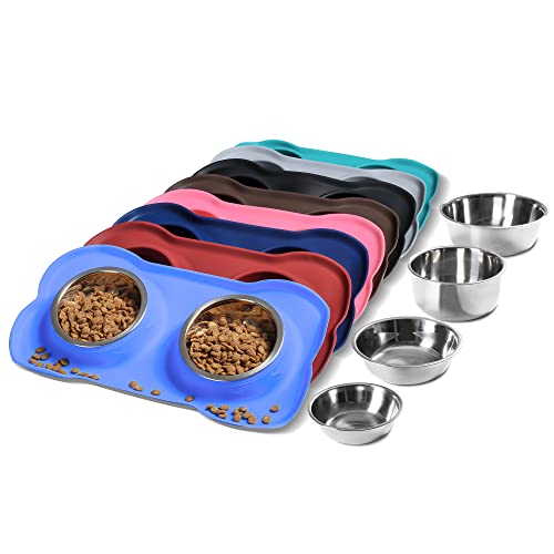 Hubulk Pet Dog Bowls 2 Stainless Steel Dog Bowl with No Spill Non-Skid Silicone Mat + Pet Food Scoop Water and Food Feeder Bowls for Feeding Small Medium Large Dogs Cats Puppies (S, Pink) - Small / Blue