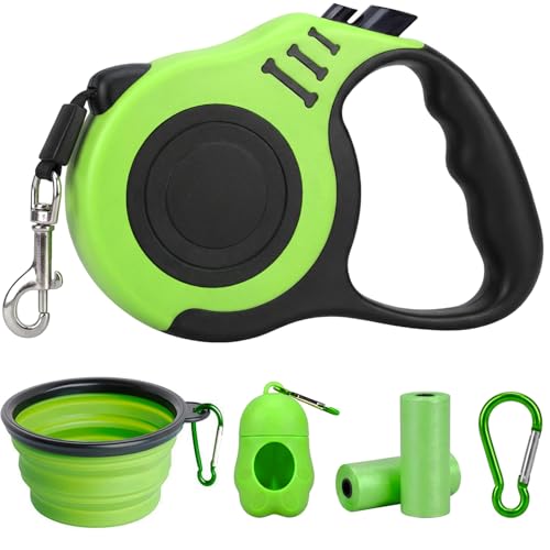 PETIMP Retractable Dog Leash Lightweight 16FT Leash, with Folding Bowl,Dispenser,Waste Bags, for Small Medium Dogs(Pink) - GREEN