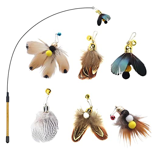 Cat Insect Feather Toys Replacement Cat Toy Wand Refills, 6 Pieces Natural Insect Cat Toy Feathers Refill, Interactive Cat Teaser Wand Attachments, with Bell - Style 1 and Wand