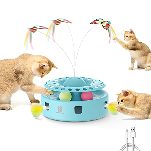Potaroma Cat Toys 3in1 Automatic Interactive Kitten Toy, Fluttering Butterfly, Moving Feather, Track Balls, Dual Power Supplies, USB Powered, Indoor Exercise Kicker (Bright White) - Blue