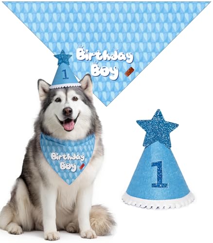 Boy Dog Birthday Party Costume & Decoration Supplies Set with Blue Birthday Bandana Hat Scarf and Bow Tie Happy Birthday Banner and Dog Paw Balloons for Medium Large Dogs Pets(M/L) - Large / Blue Heart