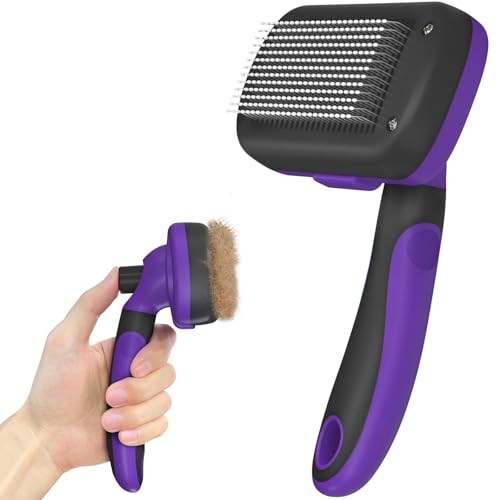Dipoo Self Cleaning Shedding Brush - Skin Friendly Grooming Tool for Dogs, Cats, and Puppies, Deshedding and Hair Removal for Long and Short Haired Pets, Black - Purple