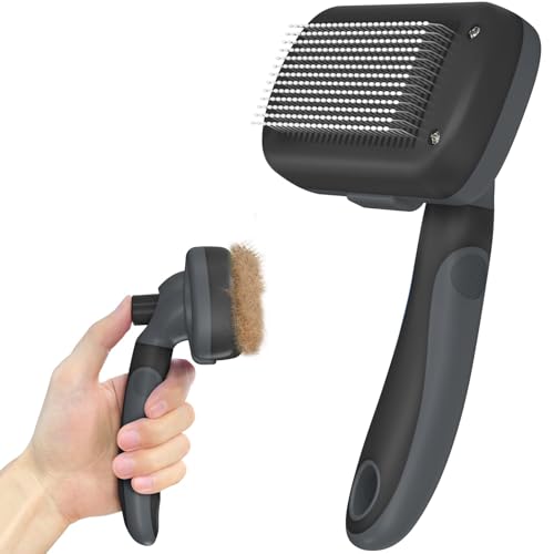 Dipoo Self Cleaning Shedding Brush - Skin Friendly Grooming Tool for Dogs, Cats, and Puppies, Deshedding and Hair Removal for Long and Short Haired Pets, Black - Grey