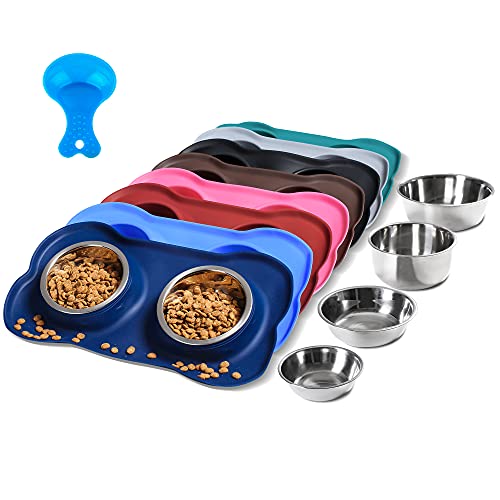 Hubulk Pet Dog Bowls 2 Stainless Steel Dog Bowl with No Spill Non-Skid Silicone Mat + Pet Food Scoop Water and Food Feeder Bowls for Feeding Small Medium Large Dogs Cats Puppies (S, Pink) - Small / Navy Blue