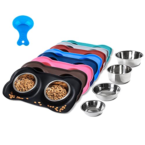 Hubulk Pet Dog Bowls 2 Stainless Steel Dog Bowl with No Spill Non-Skid Silicone Mat + Pet Food Scoop Water and Food Feeder Bowls for Feeding Small Medium Large Dogs Cats Puppies (S, Pink) - Small / Black
