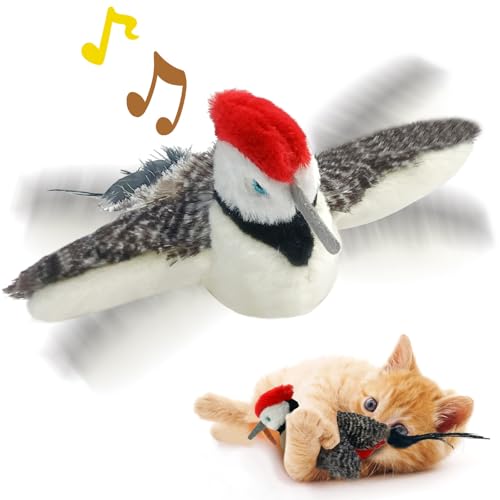 Cat Toys, Flapping Wings Sparrow, No Flying, Chirping Bird Interactive Catnip Toy for Kitten or Small Dogs, Touch Activated, Rechargeable - Smart Woodpecker