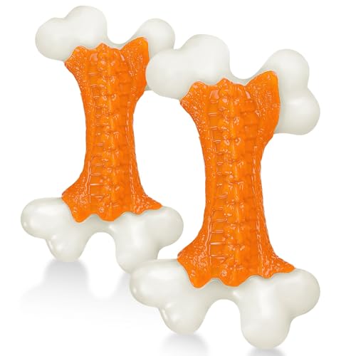 Kseroo Indestructible Dog Toys for Aggressive Chewers: Beef Flavored Hard Nylon Bone Chew Toys, Tough Dog Chew Toys for Large Dogs, Dog Toys to Keep Them Busy for Medium Large Breed (20-80 lbs), Red - 02PC-Peanut Butter-Orange