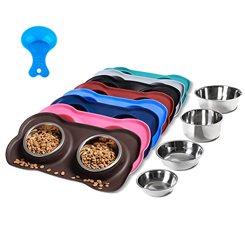 Hubulk Pet Dog Bowls 2 Stainless Steel Dog Bowl with No Spill Non-Skid Silicone Mat + Pet Food Scoop Water and Food Feeder Bowls for Feeding Small Medium Large Dogs Cats Puppies (S, Pink) - Small / Chocolate