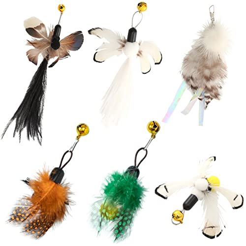 Cat Insect Feather Toys Replacement Cat Toy Wand Refills, 6 Pieces Natural Insect Cat Toy Feathers Refill, Interactive Cat Teaser Wand Attachments, with Bell - Style 2