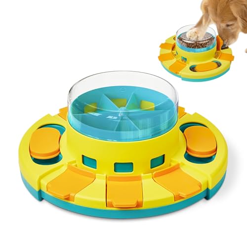 Potaroma Dog Puzzle Toy 2 Levels, Slow Feeder, Pup Food Treat Feeding Dispenser for IQ Training and Entertainment for All Breeds 4.2 Inch Height - Yellow Blue