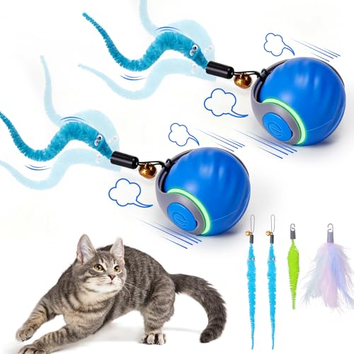 BABORUI Interactive Cat Toy Ball - Automatic Interactive Cat Toys for Indoor Cats with 3 Tails, 2 Speeds Rechargeable Cat Enrichment Toys for Small/Medium/Large Cats to Keep Them Busy(Blue) - 2 Pack Blue