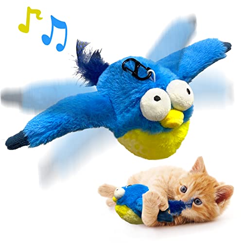Cat Toys, Flapping Wings Sparrow, No Flying, Chirping Bird Interactive Catnip Toy for Kitten or Small Dogs, Touch Activated, Rechargeable - Blue Bird