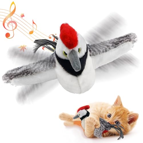 Cat Toys, Flapping Wings Sparrow, No Flying, Chirping Bird Interactive Catnip Toy for Kitten or Small Dogs, Touch Activated, Rechargeable - Big Woodpecker