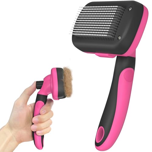 Dipoo Self Cleaning Shedding Brush - Skin Friendly Grooming Tool for Dogs, Cats, and Puppies, Deshedding and Hair Removal for Long and Short Haired Pets, Black - Pink