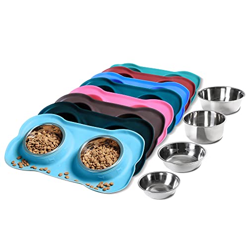 Hubulk Pet Dog Bowls 2 Stainless Steel Dog Bowl with No Spill Non-Skid Silicone Mat + Pet Food Scoop Water and Food Feeder Bowls for Feeding Small Medium Large Dogs Cats Puppies (S, Pink) - Small / Turquoise