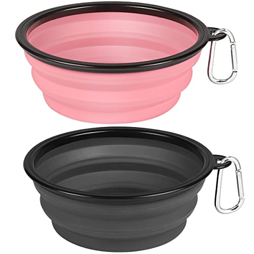 Kytely Large Collapsible Dog Bowls 2 Pack, 34oz Foldable Dog Travel Bowl, Portable Pet Water Food Bowl with Clasp, Pet Cat Feeding Cup Dish for Traveling, Walking, Hiking (Black+Blue) - Grey & Pink