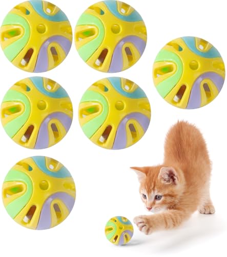 Colorful Cat Toy Balls with Bell 6PCS, Interactive Hollow Design, Plastic, Training Exercise Toy(2 in 1 2P) - Yellow