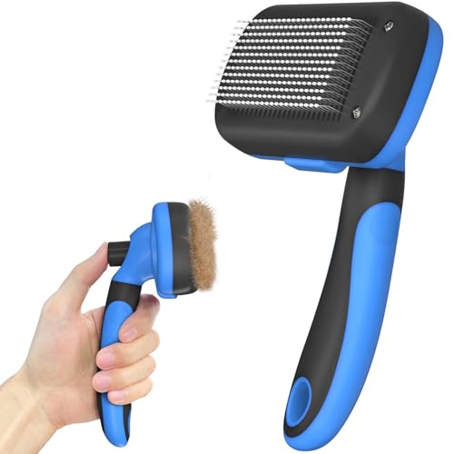 Dipoo Self Cleaning Shedding Brush - Skin Friendly Grooming Tool for Dogs, Cats, and Puppies, Deshedding and Hair Removal for Long and Short Haired Pets, Black - Blue