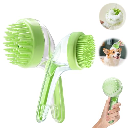 Pet Bath Brush with Shampoo Dispenser, Dog Bath Brush and Grooming Massage Brush for Dogs & Cats, Easy Dog Washing Brush for Short and Long Hair, Coarse and Fine Teeth 2pcs (Blue) - Green