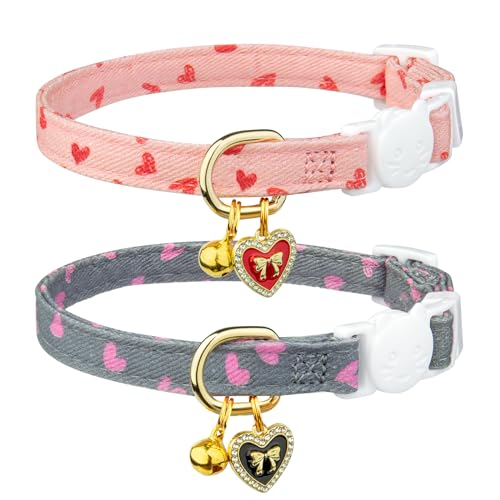 2 Pack Cotton Breakaway Cat Collar Green and Yellow Flowers Pendant Cute Kitten Cat Collar with Bell - Pink&Gray