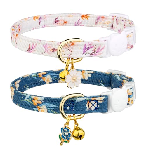 2 Pack Cotton Breakaway Cat Collar Green and Yellow Flowers Pendant Cute Kitten Cat Collar with Bell - White&Blue