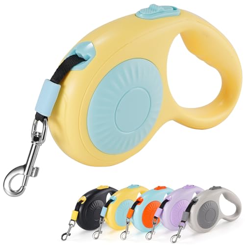 JSXD 360° Tangle-Free Retractable Dog Leash with One-Handed Brake, Pause, Lock, 10 ft Strong Nylon Tape Pet Walking Leash,Suitable for Cats, Small and Medium Dogs up to 66 lbs (Purple, 10 ft) - Yellow / 10 ft