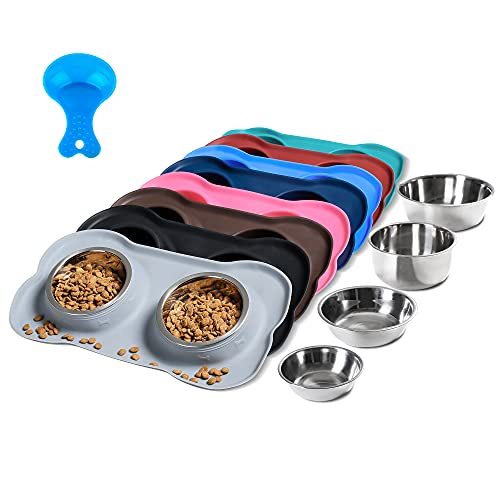 Hubulk Pet Dog Bowls 2 Stainless Steel Dog Bowl with No Spill Non-Skid Silicone Mat + Pet Food Scoop Water and Food Feeder Bowls for Feeding Small Medium Large Dogs Cats Puppies (S, Pink) - Small / Gray