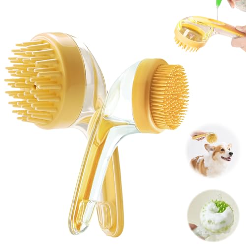 Pet Bath Brush with Shampoo Dispenser, Dog Bath Brush and Grooming Massage Brush for Dogs & Cats, Easy Dog Washing Brush for Short and Long Hair, Coarse and Fine Teeth 2pcs (Blue) - Yellow