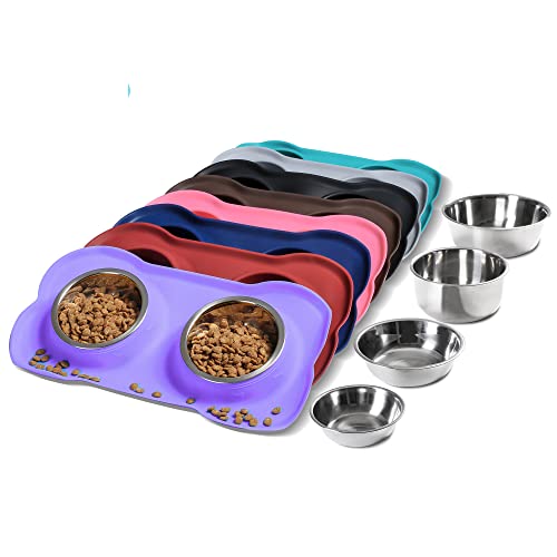 Hubulk Pet Dog Bowls 2 Stainless Steel Dog Bowl with No Spill Non-Skid Silicone Mat + Pet Food Scoop Water and Food Feeder Bowls for Feeding Small Medium Large Dogs Cats Puppies (S, Pink) - Small / Purple