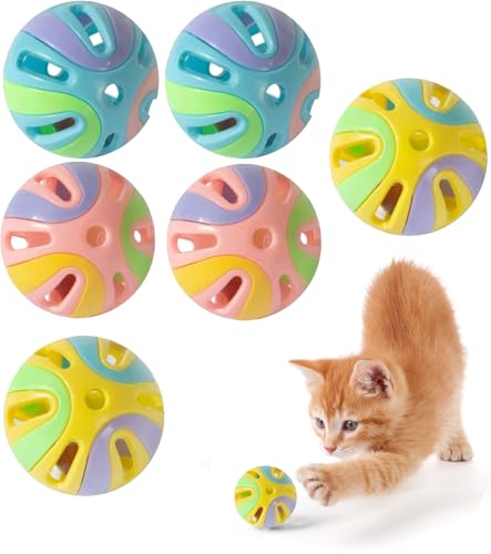 Colorful Cat Toy Balls with Bell 6PCS, Interactive Hollow Design, Plastic, Training Exercise Toy(2 in 1 2P) - Metallic B