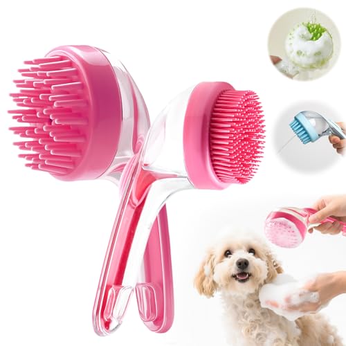 Pet Bath Brush with Shampoo Dispenser, Dog Bath Brush and Grooming Massage Brush for Dogs & Cats, Easy Dog Washing Brush for Short and Long Hair, Coarse and Fine Teeth 2pcs (Blue) - Red