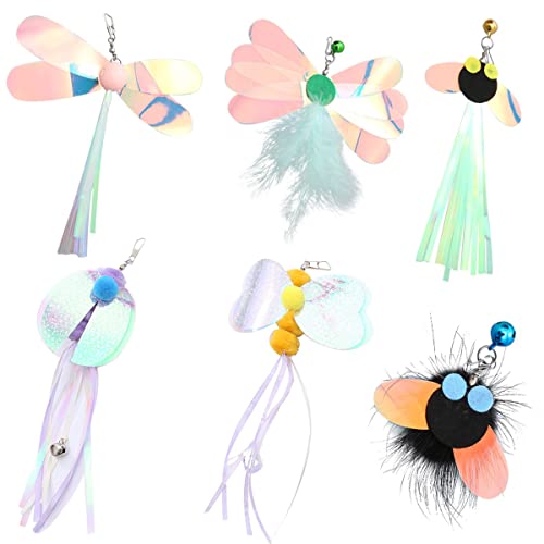 Cat Insect Feather Toys Replacement Cat Toy Wand Refills, 6 Pieces Natural Insect Cat Toy Feathers Refill, Interactive Cat Teaser Wand Attachments, with Bell - Style 3