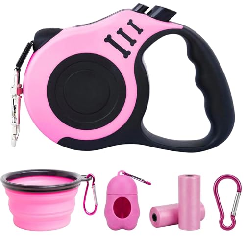 PETIMP Retractable Dog Leash Lightweight 16FT Leash, with Folding Bowl,Dispenser,Waste Bags, for Small Medium Dogs(Pink) - PINK